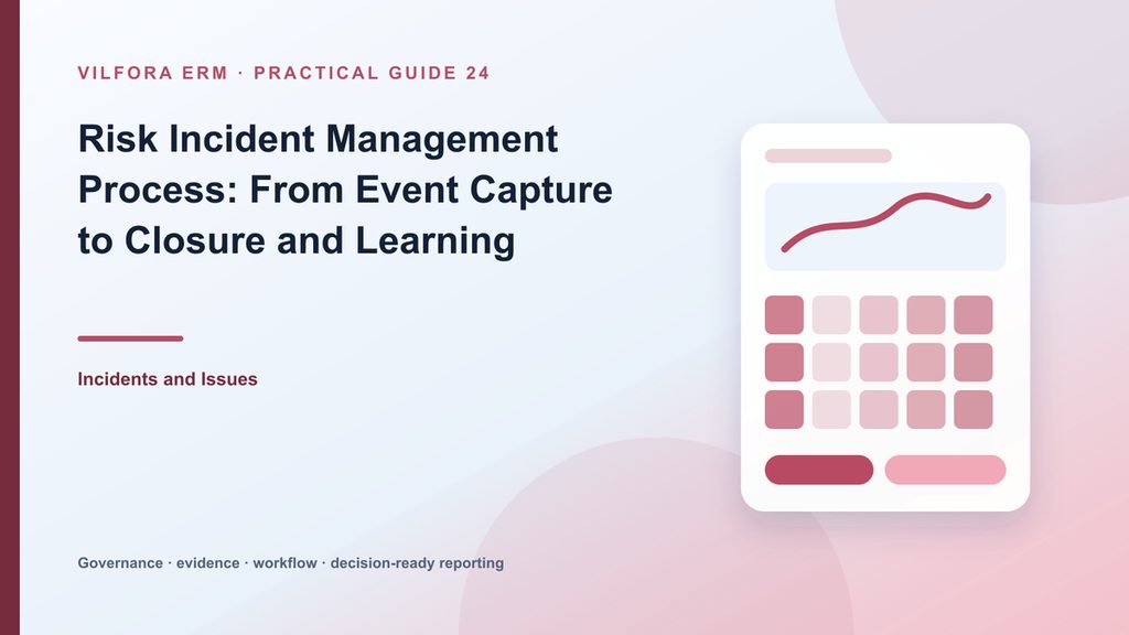 Risk incident management workflow from event logging through severity, investigation, actions, closure and lessons learned