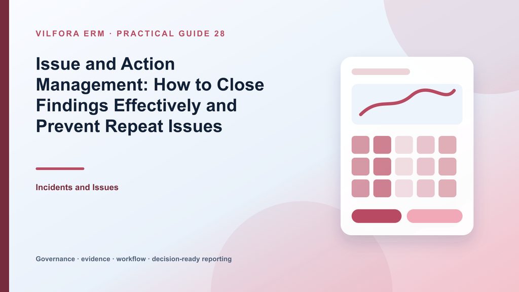 Issue and action management workflow with finding intake, root cause, CAPA, milestones, evidence and closure validation